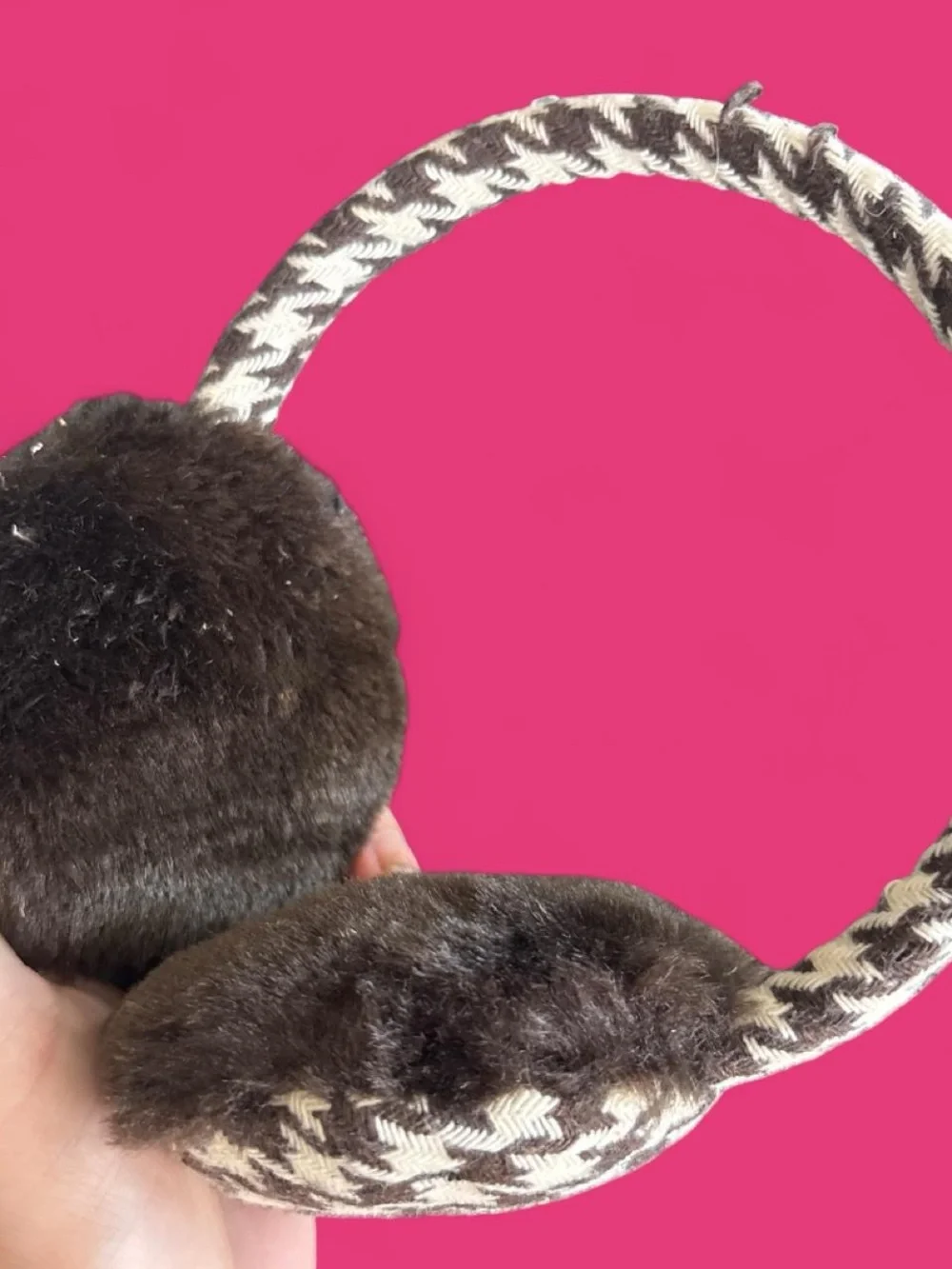 Y2K Brown Houndstooth Faux Fur Earmuffs - Unbranded